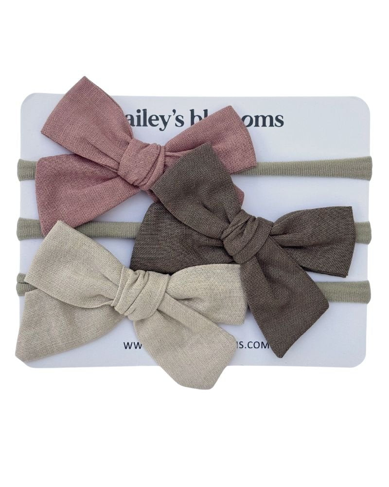 3-piece Linen Cotton Nylon Headband Set - Dusty Pink, Taupe, Sand