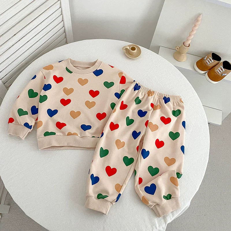 Unisex Colorful Heart Pattern Sweatshirt and Trousers Set