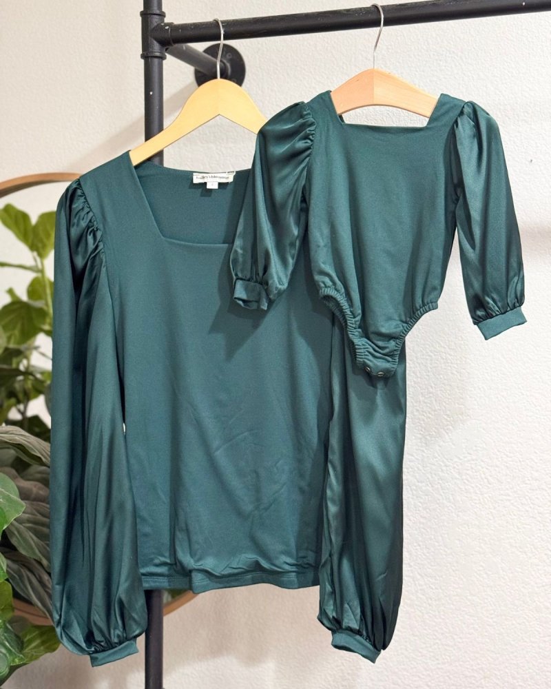 Ms Evangeline Satin Sleeve Top & Leotard - Pine Green