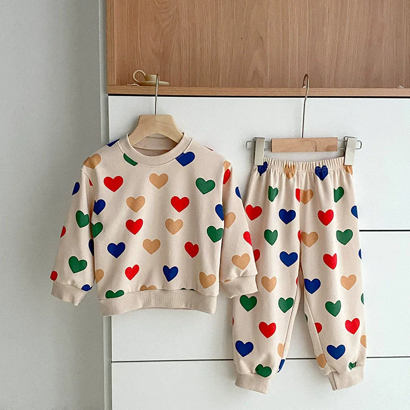Unisex Colorful Heart Pattern Sweatshirt and Trousers Set