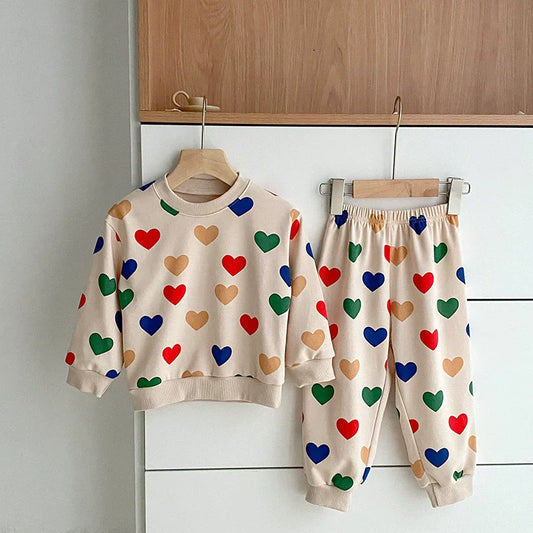 Unisex Colorful Heart Pattern Sweatshirt and Trousers Set