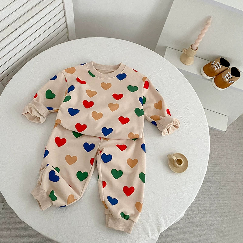Unisex Colorful Heart Pattern Sweatshirt and Trousers Set