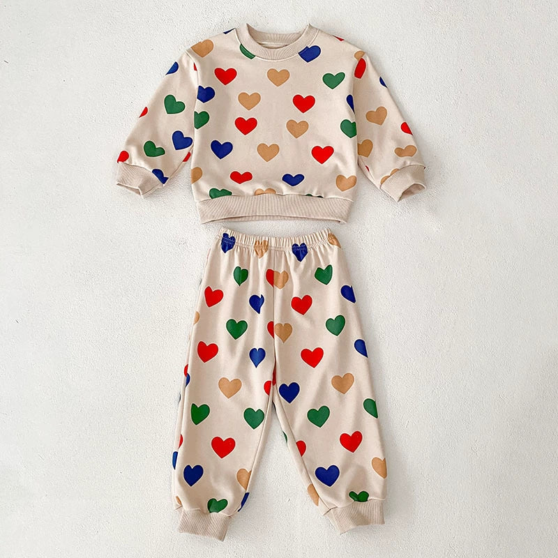 Unisex Colorful Heart Pattern Sweatshirt and Trousers Set